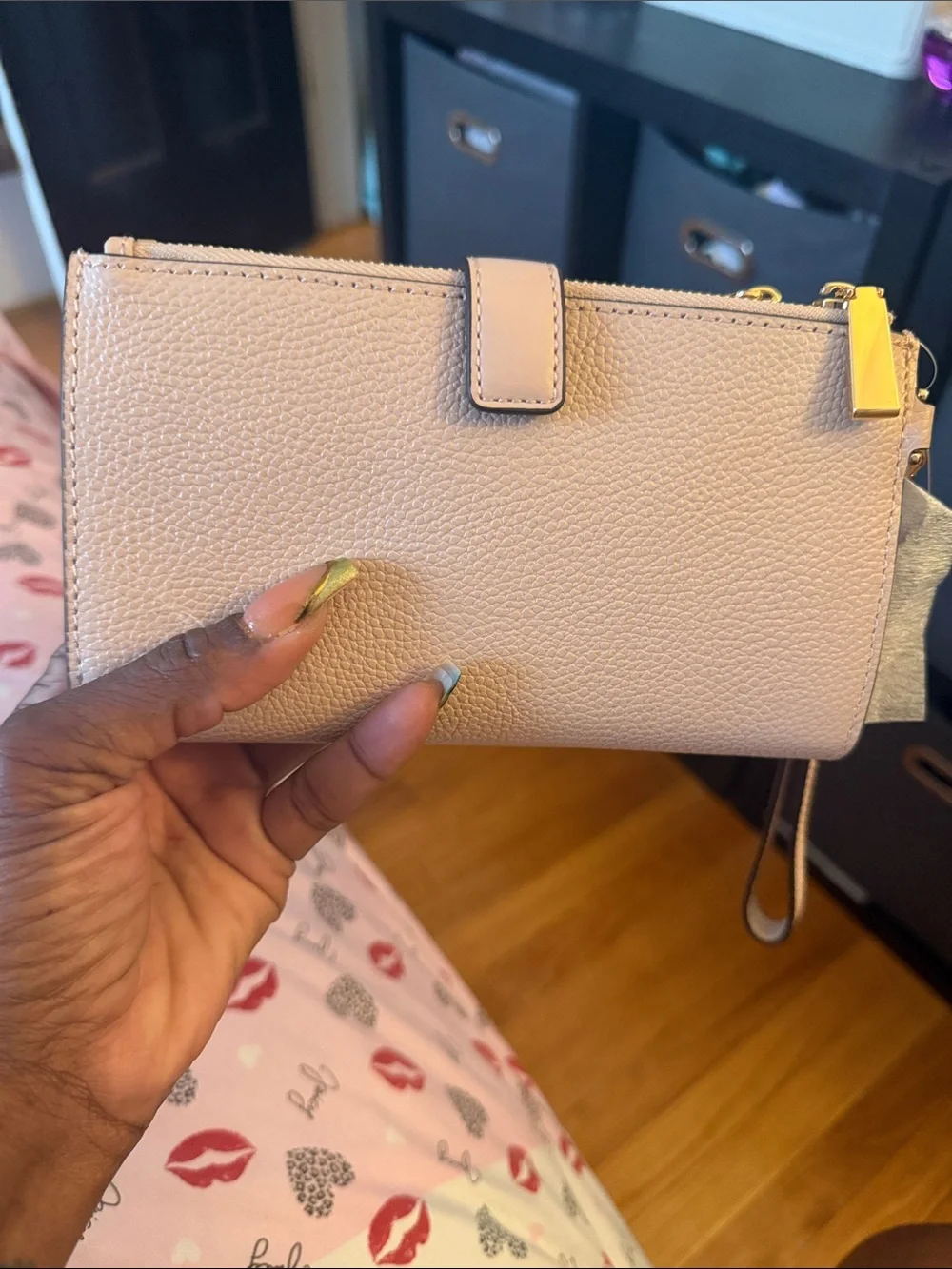 Michael Kors Pale Blush Pebbled Leather Wristlet with Gold Logo